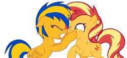 Size: 1280x584 | Tagged: safe, artist:mlpfan3991, sunset shimmer, oc, oc:flare spark, pegasus, pony, unicorn, equestria girls, equestria girls specials, g4, my little pony equestria girls: better together, my little pony equestria girls: spring breakdown, boop, duo, female, hooves on cheeks, mare, noseboop, pegasus oc, simple background, transparent background