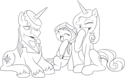 Size: 1228x770 | Tagged: safe, artist:nauyaco, fleur-de-lis, prince blueblood, oc, pony, g4, black and white, female, fleur-de-blueblood, fleurblood, food, grayscale, horn, horn impalement, laughing, lying down, male, monochrome, offspring, pancakes, parent:fleur-de-lis, parent:prince blueblood, parents:fleur-de-blueblood, prone, shipping, simple background, straight, white background