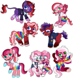Size: 3000x3200 | Tagged: safe, artist:whimsicalseraph, oc, oc only, oc:cranberry cobbler, oc:currant ribbons, oc:mulberry wine, oc:pineberry pie, oc:snake bites, oc:thimbleberry jam, oc:wineberry tart, oc:winterberry parfait, earth pony, pegasus, pony, unicorn, aromantic pride flag, bigender pride flag, bisexual pride flag, colored wings, curved horn, demiboy pride flag, demigirl pride flag, ear piercing, eyeshadow, female, high res, horn, incest, intersex, intersex pride flag, lesbian pride flag, lip piercing, makeup, male, missing cutie mark, offspring, pansexual pride flag, piercing, polyamory pride flag, pride, pride flag, pride month, pride ponies, product of incest, simple background, transgender pride flag, transparent background, twincest, twins, unshorn fetlocks, wings