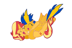 Size: 1095x730 | Tagged: safe, artist:mlpfan3991, sunset shimmer, oc, oc:flare spark, pegasus, pony, unicorn, smile hd, g4, canon x oc, eyes closed, female, lesbian, open mouth, open smile, ship:flareset, shipping, simple background, smiling, transparent background