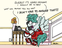 Size: 2072x1602 | Tagged: safe, artist:bobthedalek, oc, oc only, oc:clippy ticket, pegasus, pony, atg 2023, bathrobe, bed mane, clothes, newbie artist training grounds, pajamas, phone, robe, slippers, stairs