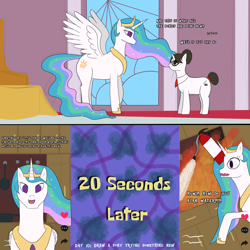 Size: 4000x4000 | Tagged: safe, artist:khazard, princess celestia, raven, alicorn, pony, unicorn, g4, absurd resolution, atg 2023, canterlot castle, cooking, female, fire, fire extinguisher, kitchen, newbie artist training grounds, reference, spongebob reference, spongebob squarepants, spongebob time card, stained glass, tiktok