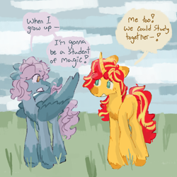 Size: 2000x2000 | Tagged: safe, artist:brynnstic, sunset shimmer, oc, oc:moonrise glimmers, pegasus, pony, unicorn, g4, blank flank, female, high res, outdoors, pegasus oc, siblings, sisters, speech bubble