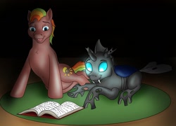 Size: 1262x910 | Tagged: safe, artist:termyotter, oc, oc:macrophage, oc:spectrum gear, changeling, pony, atg 2023, book, lying down, newbie artist training grounds, prone