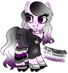 Size: 2218x2388 | Tagged: safe, artist:kb-gamerartist, oc, oc only, oc:roller ace, earth pony, pony, asexual, asexual pride flag, clothes, collar, ear piercing, earring, eyeshadow, female, grin, high res, hoodie, hoof shoes, jewelry, makeup, mare, multicolored hair, piercing, pride, pride flag, roller skates, see-through, simple background, skates, smiling, solo, transparent background, wingding eyes