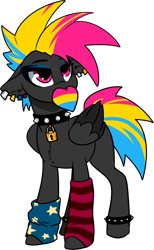 Size: 960x1556 | Tagged: safe, artist:smilesupsidedown, oc, oc only, oc:panoramic riffs, pegasus, pony, anklet, clothes, collar, ear piercing, earring, eyeshadow, female, heart, jewelry, makeup, mare, mouth hold, multicolored hair, nose piercing, nose ring, pansexual, pansexual pride flag, piercing, pride, pride flag, pride pony, simple background, socks, solo, spiked wristband, striped socks, transparent background, wristband