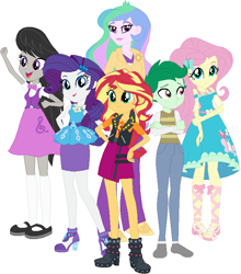 Size: 668x759 | Tagged: safe, artist:sturk-fontaine, fluttershy, octavia melody, princess celestia, principal celestia, rarity, sunset shimmer, wallflower blush, oc, oc:morning glory, human, equestria girls 10th anniversary, equestria girls, g4, base used, femboy, geode of empathy, geode of fauna, geode of shielding, intersex, magical geodes, male, rule 63, simple background, white background
