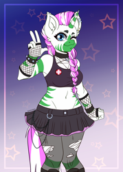 Size: 2000x2800 | Tagged: safe, artist:duskooky, oc, oc:ahadi, hybrid, zony, anthro, fallout equestria, blue eyes, breasts, chains, choker, clothes, eyebrows, eyelashes, female, gloves, gradient background, green stripes, high res, horn, intersex, leggings, long gloves, medic, ministry of peace, mohawk, one eye closed, pink hair, pink stripes, pink tail, ponytail, see-through leggings, sexy, short shirt, skirt, solo, spiked wristband, stars, tail, victory sign, white fur, white hair, white tail, wristband