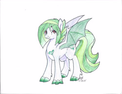 Size: 4944x3816 | Tagged: safe, artist:lunarskies92, oc, oc only, oc:cora, dracony, hybrid, 2015, claw hooves, dragon wings, interspecies offspring, offspring, parent:rarity, parent:spike, parents:sparity, signature, simple background, smiling, solo, spread wings, traditional art, white background, wings