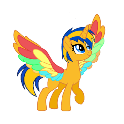 Size: 894x894 | Tagged: safe, artist:mlpfan3991, oc, oc only, oc:flare spark, alicorn, pony, g4, my little pony: rainbow roadtrip, colored wings, concave belly, female, looking up, mare, multicolored wings, rainbow wings, raised hoof, simple background, smiling, solo, standing, transparent background, vector, wings