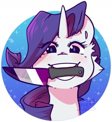 Size: 1632x1775 | Tagged: safe, artist:wintersleptart, rarity, pony, unicorn, g4, asexual pride flag, cheek fluff, diamond pupils, eye clipping through hair, female, knife, looking at you, mouth hold, pride, pride flag, pride month, smiling, solo, wingding eyes, ych example, your character here