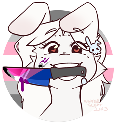 Size: 1662x1777 | Tagged: safe, artist:wintersleptart, oc, oc only, pony, asexual pride flag, bisexual pride flag, bunny ears, cheek fluff, demigirl pride flag, ear piercing, heart, heart eyes, knife, looking at you, mouth hold, piercing, pride, pride flag, pride month, smiling, solo, wingding eyes, ych example, your character here