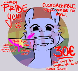Size: 2043x1845 | Tagged: safe, artist:wintersleptart, pony, cheek fluff, gay pride flag, knife, looking at you, mouth hold, pride, pride flag, pride month, smiling, solo, wip, ych example, your character here