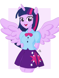 Size: 3120x4160 | Tagged: safe, artist:anglin296, twilight sparkle, alicorn, human, equestria girls, g4, abstract background, arm behind back, blouse, clothes, eared humanization, female, horn, horned humanization, humanized, passepartout, ponied up, skirt, solo, twilight sparkle (alicorn), winged humanization, wings