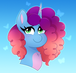 Size: 2234x2129 | Tagged: safe, artist:emera33, misty brightdawn, butterfly, pony, unicorn, g5, alternate hair color, blue background, bust, cute, female, gradient background, high res, mare, mistybetes, portrait, rebirth misty, smiling, solo
