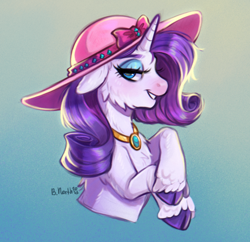 Size: 1464x1420 | Tagged: safe, artist:birdoffnorth, rarity, pony, unicorn, g4, bust, cloven hooves, female, gradient background, hat, jewelry, lidded eyes, mare, necklace, portrait, signature, smiling, solo