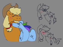 Size: 640x473 | Tagged: safe, artist:tezzbot, applejack, rainbow dash, earth pony, pegasus, pony, g4, blushing, female, freckles, kissing, lesbian, ship:appledash, shipping, size difference, sketch