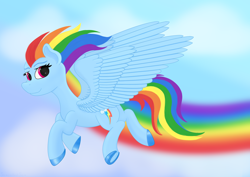 Size: 3508x2480 | Tagged: safe, artist:samenandsam, rainbow dash, pegasus, pony, g4, colored hooves, female, flying, high res, looking at you, male, rainbow trail, simple background, sky, smiling, smiling at you, solo, spread wings, wings