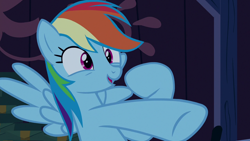 Size: 1280x720 | Tagged: safe, screencap, rainbow dash, pegasus, pony, 28 pranks later, g4, rainbow dash is best facemaker, solo, spread wings, wings