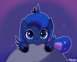 Size: 2000x1600 | Tagged: safe, artist:vanillafox2035, princess luna, alicorn, pony, g4, 2015, :p, blush lines, blushing, cute, daaaaaaaaaaaw, drool, female, filly, foal, horn, looking at you, lunabetes, mare, moon, nom, old art, outline, smiling, solo, spread wings, stars, tangible heavenly object, tongue out, weapons-grade cute, wings, woona, younger