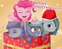 Size: 1900x1500 | Tagged: safe, artist:vanillafox2035, limestone pie, marble pie, maud pie, pinkie pie, earth pony, pony, g4, 2015, blushing, christmas, christmas ornament, cute, decoration, diapinkes, eyes closed, female, floppy ears, grin, gritted teeth, hair over one eye, hat, holiday, holly, limabetes, marblebetes, maudabetes, merry christmas, old art, onomatopoeia, open mouth, outline, pie sisters, santa hat, siblings, signature, sisters, sleeping, smiling, snoring, sound effects, teeth, zzz