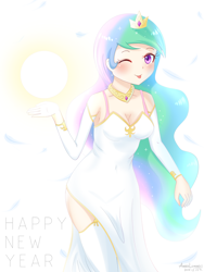 Size: 1500x2000 | Tagged: safe, artist:vanillafox2035, princess celestia, human, g4, 2015, :p, bra, bra strap, breasts, cleavage, clothes, cute, cutelestia, detached sleeves, dress, evening gloves, female, gloves, happy new year, holiday, humanized, looking at you, multiple variants, old art, one eye closed, pink underwear, side slit, socks, solo, strapless, strapless dress, sun, thigh highs, tongue out, underwear, wink
