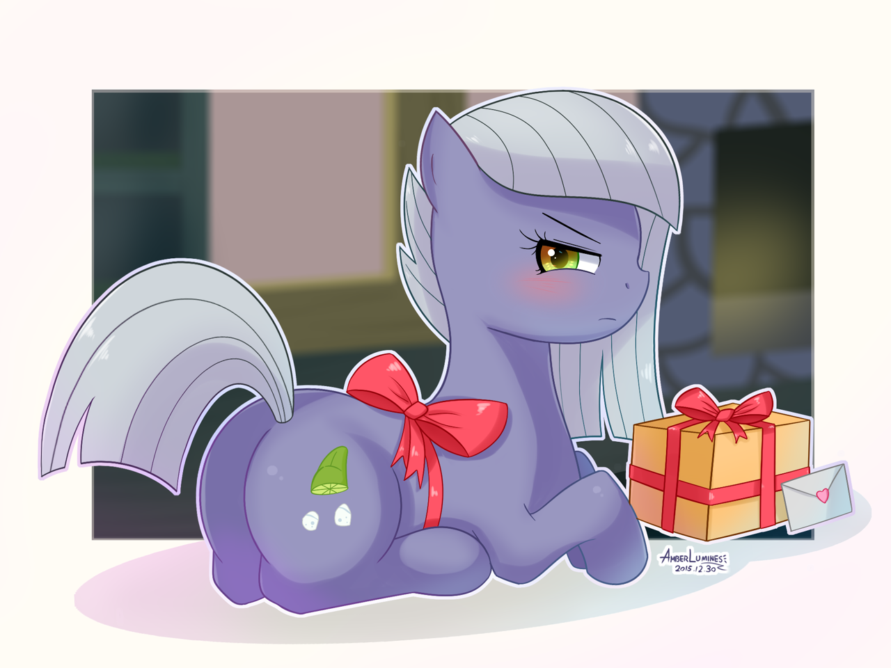 [angry,blushing,bow,butt,earth pony,female,gift wrapped,glare,looking at you,mare,outline,plot,pony,present,prone,raised tail,safe,solo,tail,tsundere,lying down,limestone pie,2015,limetsun pie,limestonebutt,old art,artist:vanillafox2035,passepartout]