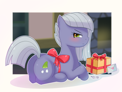 Size: 2000x1500 | Tagged: safe, artist:vanillafox2035, limestone pie, earth pony, pony, g4, 2015, angry, blushing, bow, butt, female, gift wrapped, glare, limestonebutt, limetsun pie, looking at you, lying down, mare, old art, outline, passepartout, plot, present, prone, raised tail, signature, solo, tail, tsundere