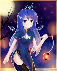 Size: 1600x2000 | Tagged: safe, artist:vanillafox2035, princess luna, human, g4, 2016, breasts, cheongsam, chinese new year, cleavage, clothes, dress, female, floating wings, horn, horned humanization, humanized, lantern, looking at you, lunar new year, old art, open mouth, outline, paper lantern, side knot underwear, side slit, socks, solo, thigh highs, underwear, white underwear, winged humanization, wings