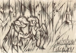 Size: 2191x1537 | Tagged: safe, artist:lydia, rainbow dash, scootaloo, pegasus, pony, fanfic:rainbow factory, g4, angry, dark, fanfic art, fear, female, liquid, pencil drawing, rainbow factory dash, scared, shocked, sketch, spread wings, traditional art, wings