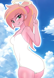 Size: 2097x3000 | Tagged: safe, artist:ribiruby, oc, oc only, oc:ruby sunshine, human, equestria girls, g4, blushing, bow, breasts, cloud, description is relevant, equestria girls-ified, female, hair bow, hair over one eye, halo, high res, looking at you, looking back, peace sign, rest in peace, smiling, solo