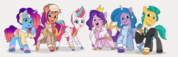 Size: 4742x1514 | Tagged: safe, artist:llish, hitch trailblazer, izzy moonbow, misty brightdawn, pipp petals, sunny starscout, zipp storm, earth pony, pegasus, pony, unicorn, g5, my little pony: tell your tale, alternate hair color, bracelet, clothes, coat markings, crown, dress, female, formal wear, freckles, glasses, gradient mane, hat, high res, hoof heart, jewelry, light gray background, male, mane five, mane six (g5), mane stripe sunny, mare, necktie, rebirth misty, regalia, simple background, socks (coat markings), stallion, tell your tale accurate, tongue out, tuxedo, underhoof, unshorn fetlocks, upside-down hoof heart
