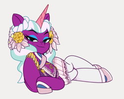 Size: 1598x1280 | Tagged: safe, artist:llish, opaline arcana, alicorn, pony, g5, my little pony: tell your tale, adorasexy, bedroom eyes, blushing, bracelet, clothes, cute, eyeshadow, female, flower, flower in hair, formal wear, hair accessory, hoof shoes, jewelry, lidded eyes, light gray background, looking at you, lying down, makeup, mare, necklace, opalinebetes, sexy, simple background, skirt, smug, solo, stockings, sultry pose, supporting head, tell your tale accurate, thigh highs, toeless stockings