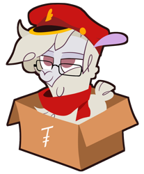 Size: 950x1150 | Tagged: safe, artist:nonameorous, oc, oc only, oc:nonameorous, alpaca, them's fightin' herds, box, clothes, community related, glasses, hat, looking up, scarf, simple background, sitting, smiling, solo, transparent background