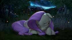 Size: 3840x2160 | Tagged: safe, artist:owlpirate, fluttershy, firefly (insect), insect, pegasus, pony, g4, 3d, 4k, cute, eyes closed, female, floppy ears, high res, hnnng, lying down, mare, night, prone, shyabetes, sleeping, smiling, solo, source filmmaker