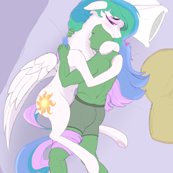 Size: 3000x3000 | Tagged: safe, artist:enonnnymous, princess celestia, oc, oc:anon, alicorn, human, pony, g4, bed, belly, belly button, blushing, chest fluff, concave belly, duo, female, heart, high res, hug, human on pony snuggling, mare, missing accessory, partially open wings, pillow, prehensile tail, sleeping, snuggling, sternocleidomastoid, tail, underhoof, wings