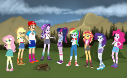 Size: 1883x1156 | Tagged: safe, artist:selenaede, artist:thefandomizer316, artist:user15432, applejack, fluttershy, pinkie pie, rainbow dash, rarity, sci-twi, starlight glimmer, sunset shimmer, twilight sparkle, human, equestria girls, g4, my little pony equestria girls: legend of everfree, barely eqg related, base used, boots, camp everfree logo, camp everfree outfits, campfire, camping, camping outfit, cap, capri pants, clothes, converse, cowboy hat, crossed arms, crossover, equestria girls style, equestria girls-ified, gloves, hand on hip, hat, high heel boots, high heels, humane five, humane seven, humane six, male, mario, mario's hat, shirt, shoes, shorts, skirt, smiling, sneakers, socks, super mario bros., t-shirt, tank top, tent, tree