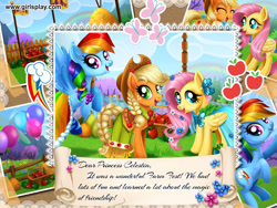 Size: 800x600 | Tagged: safe, artist:user15432, applejack, fluttershy, rainbow dash, earth pony, pegasus, pony, g4, balloon, basket, clothes, cowboy hat, dress, dressup game, enjoy dressup, eyes closed, farm, festival, flag, flag pole, flash game, flower, flower in hair, food, gala dress, girlsplay, hairstyle, hat, hay, jewelry, looking at you, necklace, open mouth, open smile, pepper, ponytail, pumpkin, rainbow, shoes, smiling, smiling at you, straw