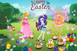 Size: 3000x2000 | Tagged: safe, artist:creaciones-jean, artist:misty114, artist:sugar-loop, artist:user15432, rarity, bird, butterfly, chicken, fairy, human, rabbit, sheep, equestria girls, g4, animal, barely eqg related, basket, bunny ears, butterflix, chocolate, chocolate egg, crossover, easter, easter 2023, easter basket, easter bunny, easter egg, fairy wings, flower, flower in hair, food, golden egg, hand on hip, happy easter, happy easter 2023, high res, holiday, lamp, looking at you, ponied up, princess peach, rainbow egg, raripeach, school spirit, smiling, stella (winx club), super mario bros., tree, wings, winx club