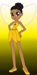 Size: 1480x2968 | Tagged: safe, artist:brooklynsentryyt, artist:unicorngirl06, fairy, human, equestria girls, g4, african american, barely eqg related, base used, black hair, clothes, crossover, dark skin, disney, disney fairies, dress, equestria girls style, equestria girls-ified, fairy wings, gradient background, hair bun, hand on hip, iridessa, looking at you, open mouth, open smile, shoes, smiling, strapless, wings, yellow background, yellow dress