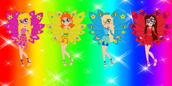 Size: 1999x1000 | Tagged: safe, artist:cookiechans2, artist:user15432, fairy, human, equestria girls, g4, arcanix, barefoot, barely eqg related, base used, blue dress, blue wings, clothes, crossover, crown, dress, ear piercing, earring, equestria girls style, equestria girls-ified, fairies, fairies are magic, fairy wings, fairyized, feet, gradient background, headband, jewelry, looking at you, pauline, piercing, pink dress, pink wings, princess daisy, princess peach, princess rosalina, rainbow background, red dress, red wings, regalia, rosalina, smiling, smiling at you, sparkly background, strapless, super mario bros., wings, winx, winx club, winxified, yellow dress, yellow wings
