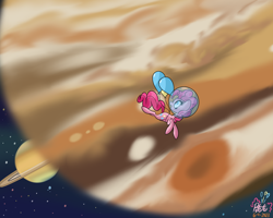 Size: 2500x2000 | Tagged: safe, artist:notadeliciouspotato, pinkie pie, earth pony, pony, g4, balloon, bubble helmet, female, floating, high res, jupiter, mare, open mouth, open smile, saturn, signature, smiling, solo, space, space helmet, then watch her balloons lift her up to the sky