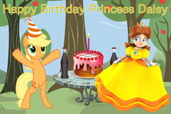 Size: 3000x2000 | Tagged: safe, artist:estories, artist:up1ter, artist:user15432, applejack, earth pony, human, pony, g4, anniversary, apple, apple daisy, apple tree, barely pony related, bipedal, birthday, birthday cake, bottle, cake, crossover, cute, drink, food, happy anniversary, happy birthday, hat, high res, jackabetes, party, party hat, plate, princess daisy, smiling, soda, soda bottle, super mario bros., super mario land, sweet apple acres, tree