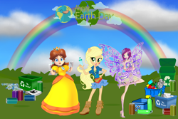 Size: 3000x2000 | Tagged: safe, artist:sugar-loop, artist:user15432, applejack, fairy, human, equestria girls, g4, apple daisy, barely eqg related, blue sky, butterflix, can, cloud, crossed arms, crossover, earth day, fairy wings, hand on hip, high res, holiday, looking at you, newspaper, paper, plastic, ponied up, princess daisy, rainbow, recycle, recycle bin, recycling, school spirit, smiling, soda can, super mario bros., tecna, water bottle, wings, winx club