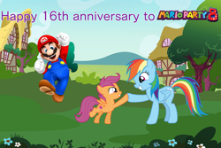 Size: 3000x2000 | Tagged: safe, artist:cloudy glow, artist:misty114, artist:user15432, rainbow dash, scootaloo, human, pegasus, pony, g4, anniversary, barely pony related, bush, crossover, female, filly, flower, foal, happy anniversary, high res, hoofbump, house, male, mario, mario party, mario party 8, open mouth, open smile, ponyville, smiling, super mario bros.
