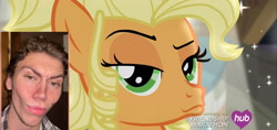 Size: 1520x720 | Tagged: safe, edit, screencap, applejack, earth pony, human, pony, g4, my little pony: friendship is magic, simple ways, applejewel, breaking bad, duckface, female, hub logo, irl, irl human, logo, looking at you, male, mare, meme, my name is skyler white yo, photo, the hub