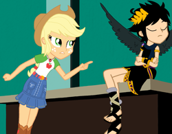 Size: 1387x1080 | Tagged: safe, artist:animatedone, artist:liaaat, applejack, angel, human, equestria girls, equestria girls series, g4, angelic wings, barely eqg related, base used, black wings, boots, clothes, cowboy hat, crossed arms, crossover, crown, dark pit, equestria girls style, equestria girls-ified, eyes closed, geode of super strength, hat, jewelry, kid icarus, kid icarus: uprising, laurel wreath, magical geodes, pointing, regalia, sandals, shoes, wings