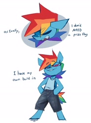Size: 2200x2966 | Tagged: safe, artist:nekosnicker, rainbow dash, pegasus, pony, semi-anthro, g4, 2 panel comic, arm hooves, bipedal, clothes, comic, denim, denim shorts, dialogue, high res, lidded eyes, open mouth, pride flag, pride month, shorts, simple background, solo, white background