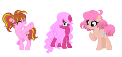 Size: 5840x2728 | Tagged: safe, artist:ocean-drop, oc, oc only, oc:cherry chunga, oc:cotton candy, oc:sweetie pie, earth pony, pony, base used, eyes closed, female, grin, hair over one eye, offspring, parent:cheese sandwich, parent:pinkie pie, parents:cheesepie, siblings, simple background, sisters, smiling, trio, white background