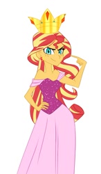 Size: 739x1263 | Tagged: safe, artist:ignoto_delta, sunset shimmer, human, equestria girls, g4, my little pony equestria girls, clothes, crown, dress, female, freckles, jewelry, looking at you, regalia, simple background, sinister smile, smiling, smiling at you, solo, white background